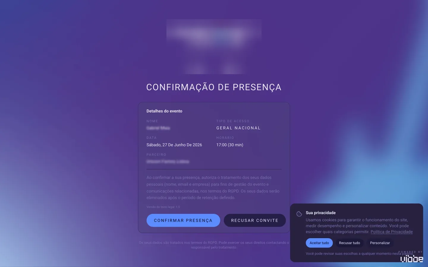 Opt-in do convidado: consentimento RGPD registrado, sem precisar de conta.