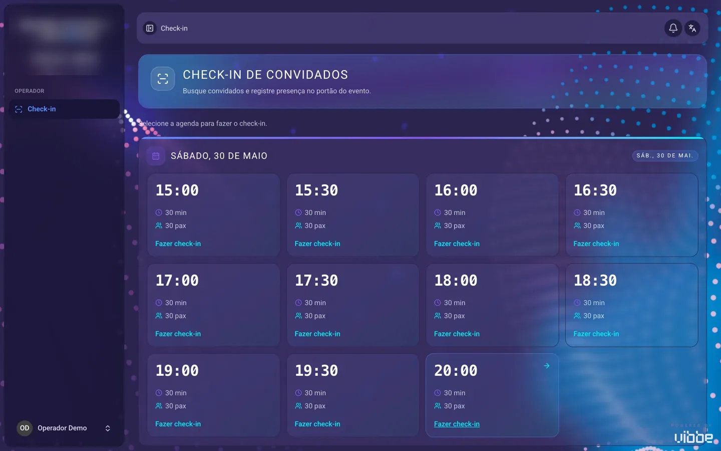 Check-in do operador: busca por nome e registro de entrada em segundos.