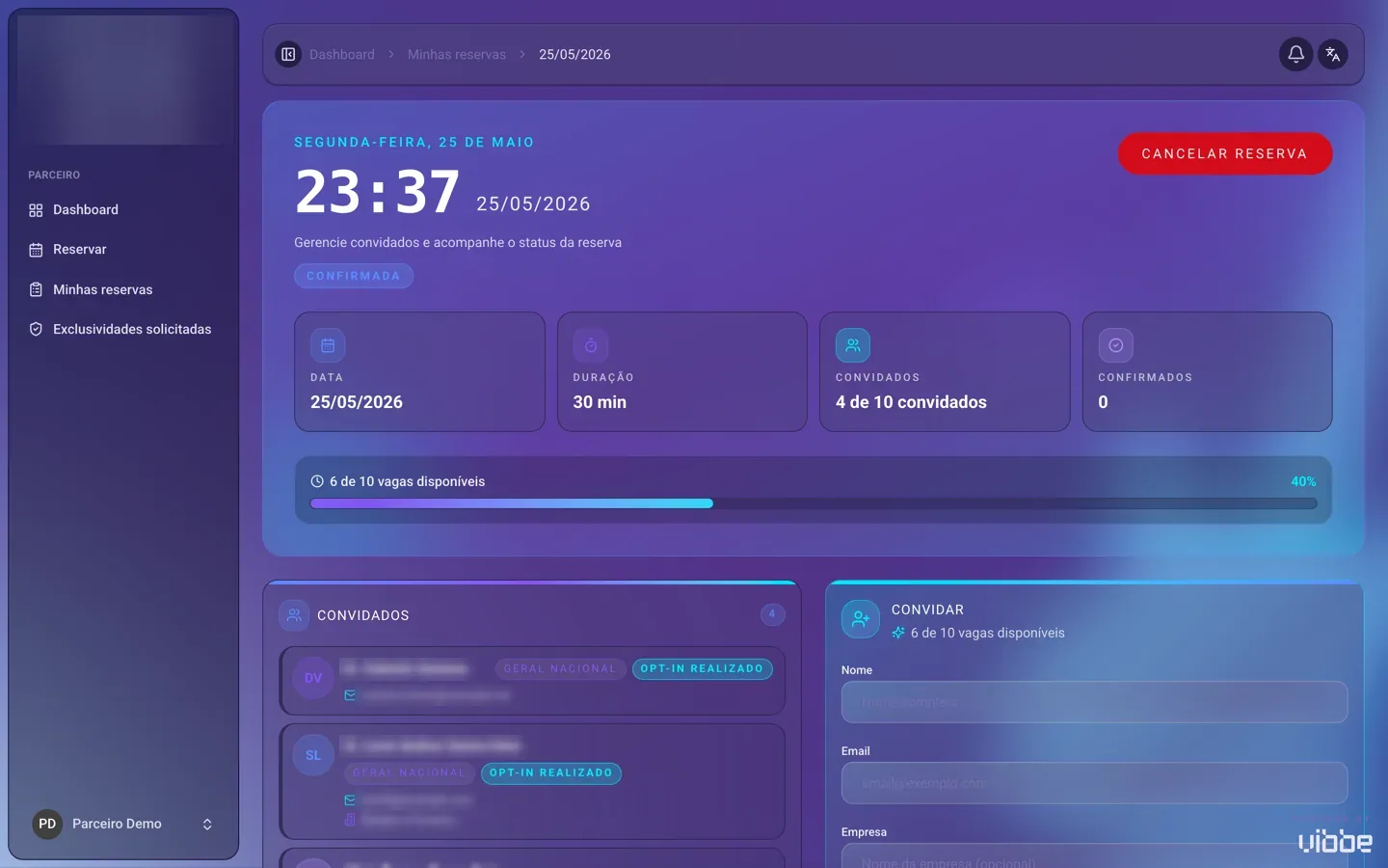 Portal do parceiro: reserva o horário e cadastra os convidados dentro da cota.