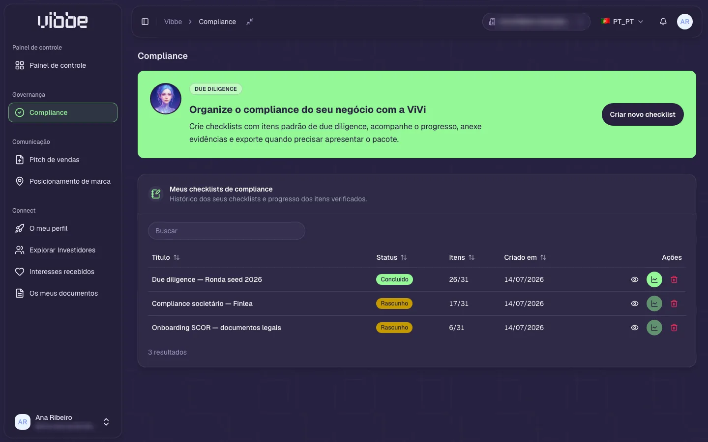 Governança: checklist de due diligence com progresso visível para a startup e para a curadoria.