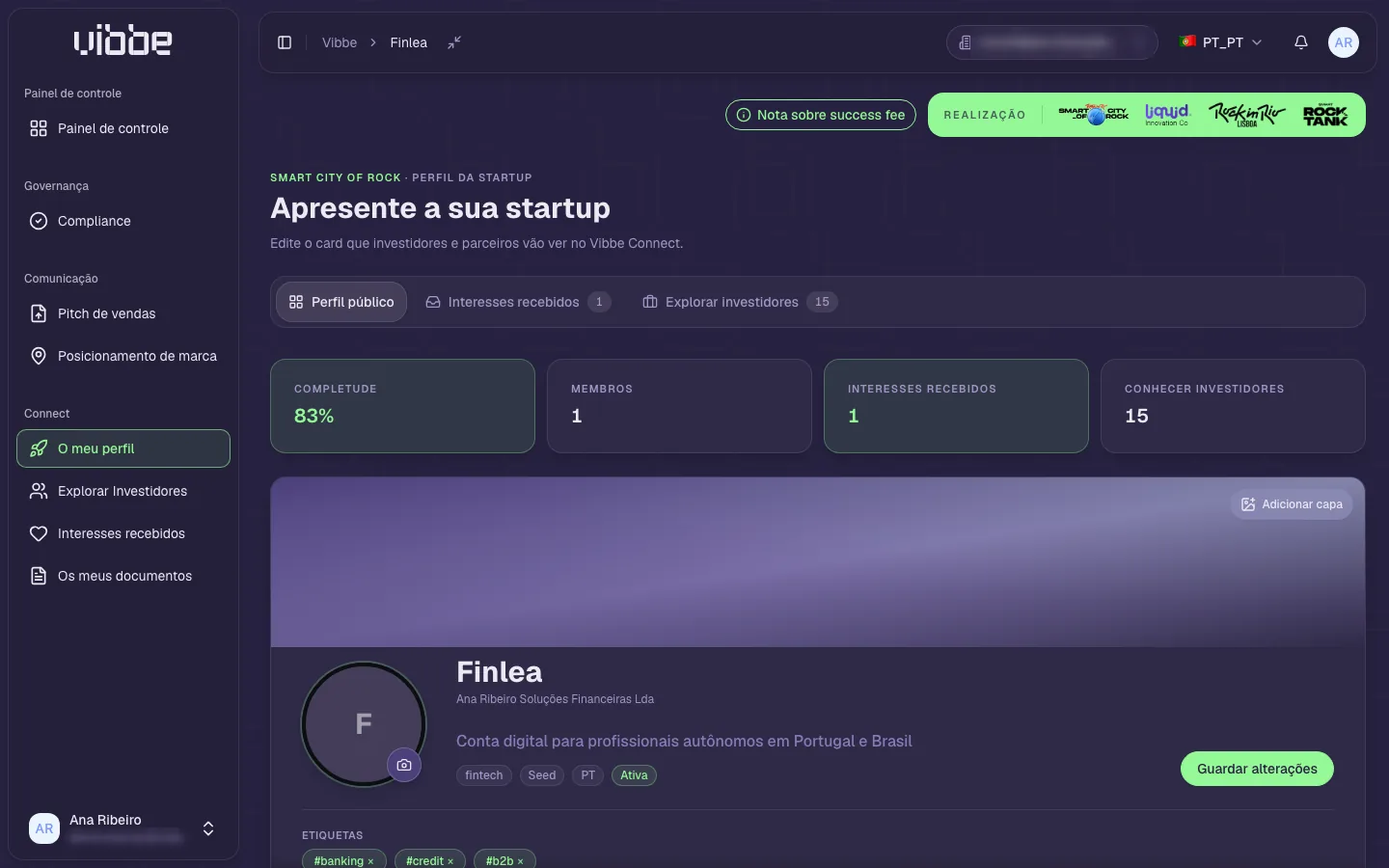 Workspace da startup: card de apresentação com prévia ao vivo, do pitch ao ticket alvo.