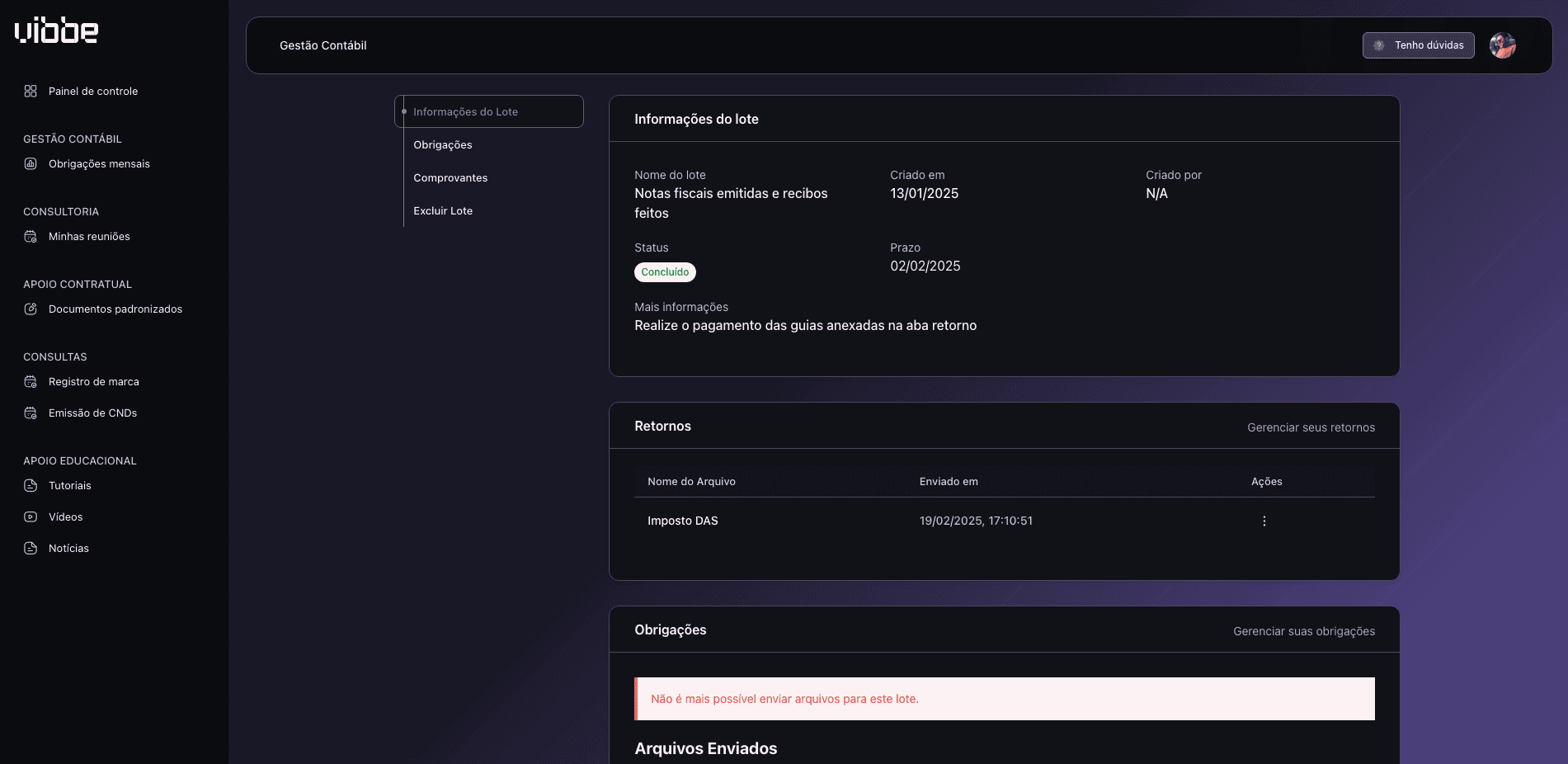 Screenshot da funcionalidade de contabilidade integral da plataforma Vibbe Hub