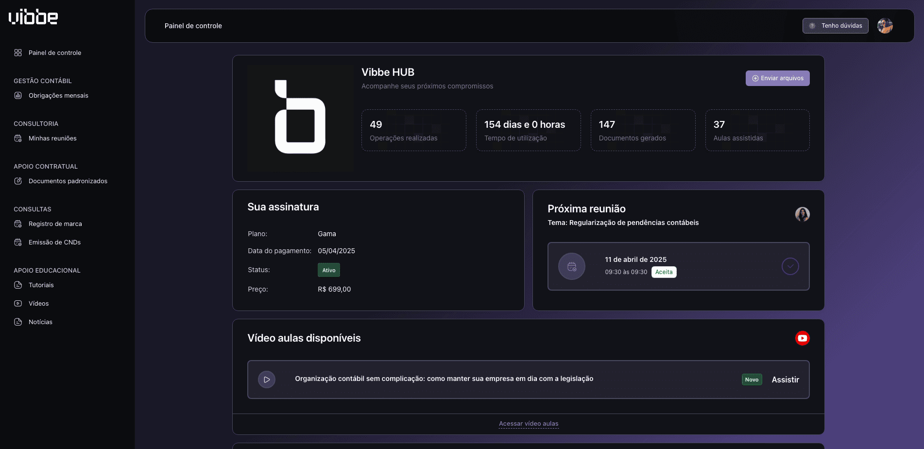 Screenshot da funcionalidade de gestão contratual inteligente da plataforma Vibbe Hub